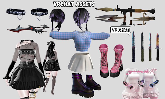 create custom vrchat assets vrchat outfits weapon items accesories props, vrc
