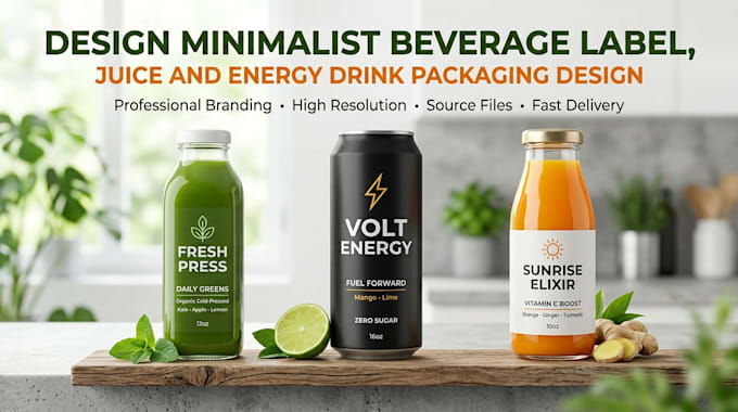 Design minimalist beverage label, juice and energy drink packaging ...