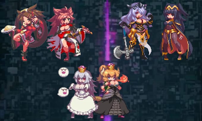 create pixel art character design pixel sprite sheet in retro 8bits 16bits indie