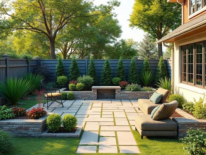 design landscape, backyard, frontyard, garden, patio, and 3d rendering