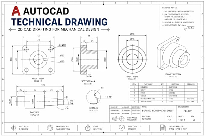 create autocad technical drawing 2d cad drafting for mechanical design