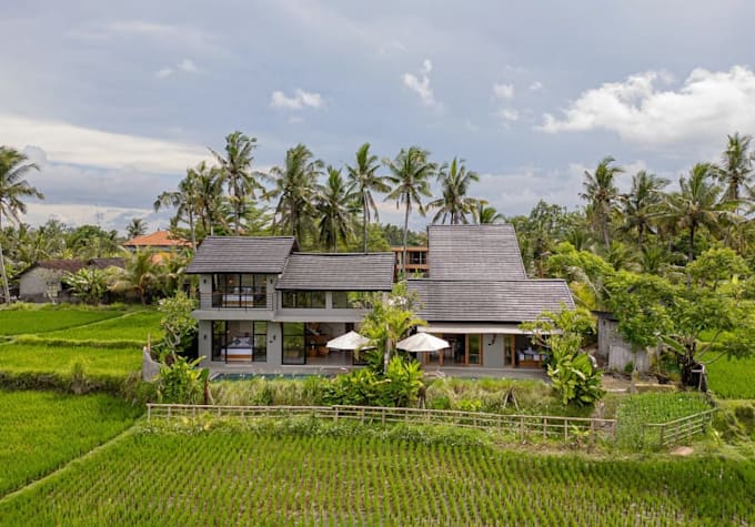 3d balinese architecture design, modern villa aerial view render, cgi landscape