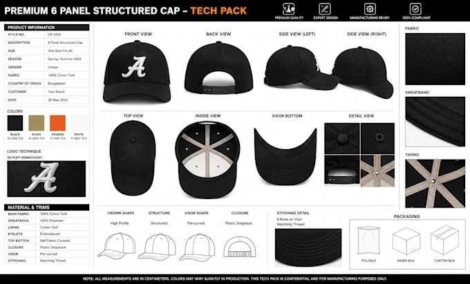 do cap tech pack, hat headwear and trucker snapback for mockup and manufacturing