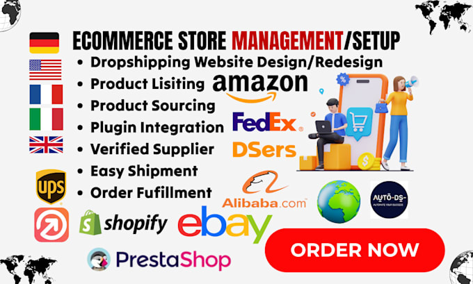 setup dropshipping ecommerce store shopify, ebay, amazon or woocommerce