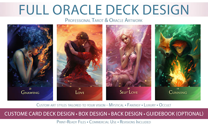 design and illustrate a custom oracle card deck with a guidebook