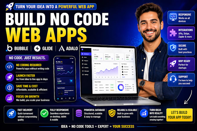 do no code web app, bubble io developer, glide, adalo web app development