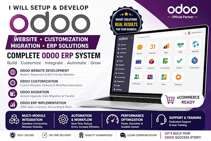setup odoo website development, odoo customization odoo migration odoo erp