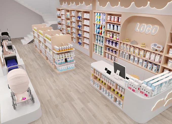 relayout retail store interior, commercial space planning, cgi super mart render