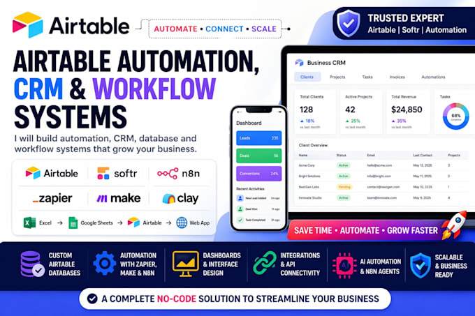 setup airtable automation, airtable crm, make airtable database, softr webapp