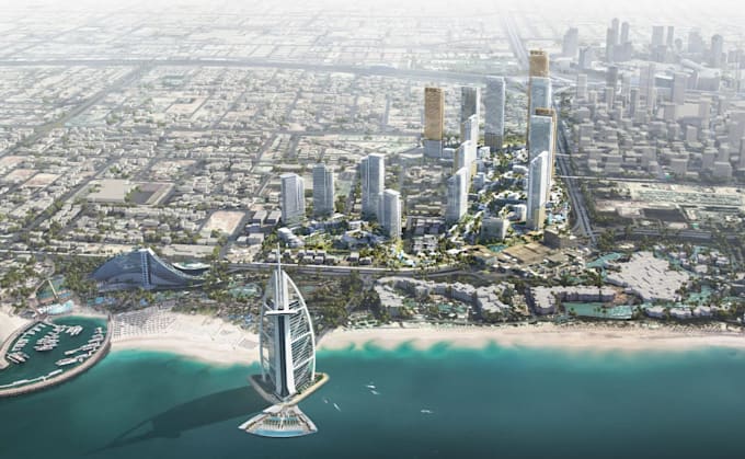 cgi coastal cityscape,3d residential tower complex,beachfront community render