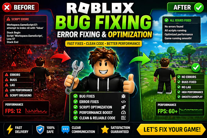 fix roblox script bugs, errors and full roblox game creation script, roblox map