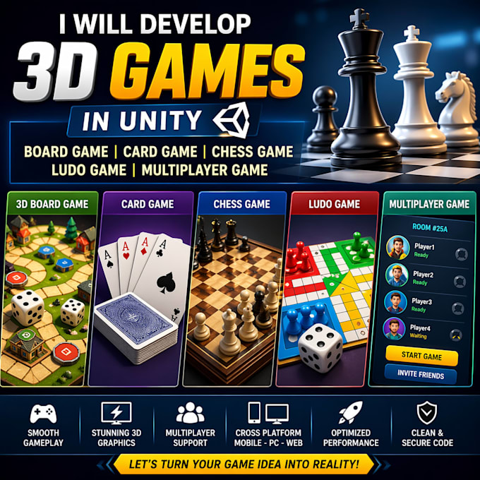 develop 3d board game card game chess game multiplayer game ludo game unity game