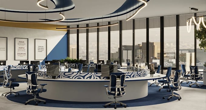 renovate modern commercial office,workspace interior layout, realistic 3d render