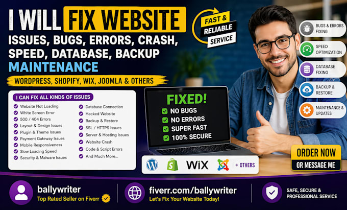 fix website issues, bugs, errors, crash, speed, database, backup maintenance