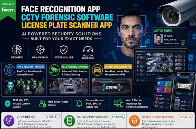 develop face recognition app, cctv forensic software, license plate scanner app