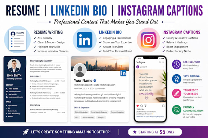 write resume, linkedln bio and instagram captions