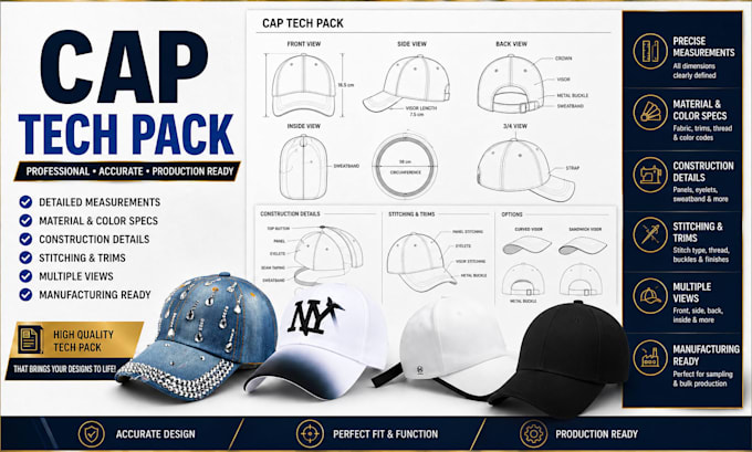 create cap tech pack headwear design with technical flat sketches for production