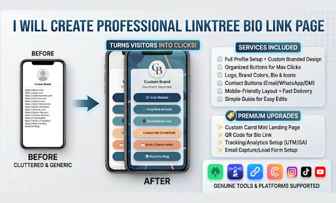 create professional linktree bio link page