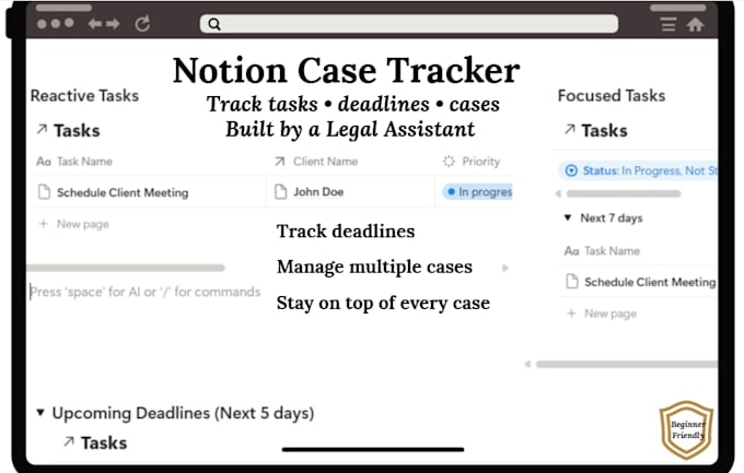 create a notion case tracker for tasks, deadlines and files