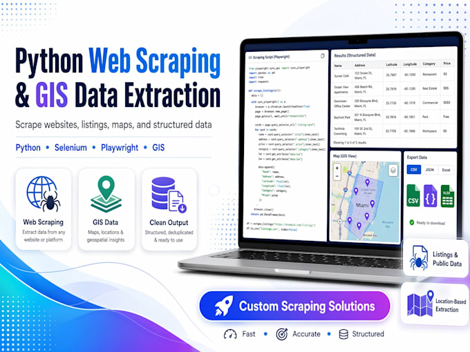 do python web scraping, data extraction, and gis scraping