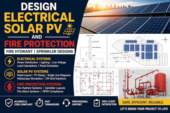 design electrical solar pv and fire protection fire hydrant sprinkler designs