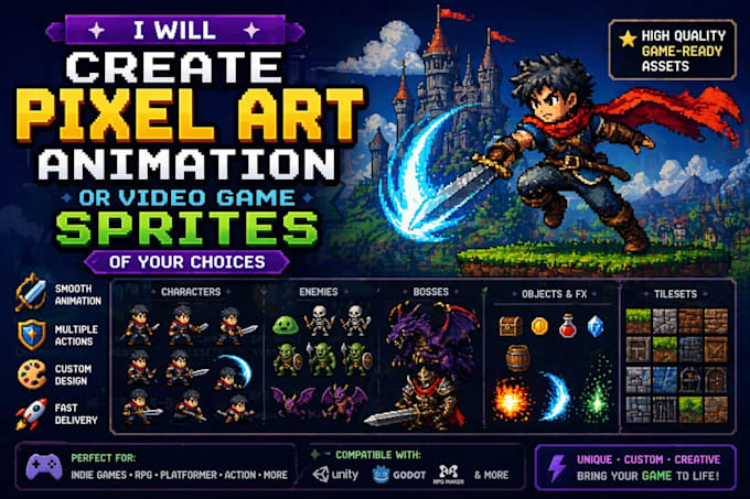 Pixel art animationen oder videospiel-sprites deiner wahl erstellen