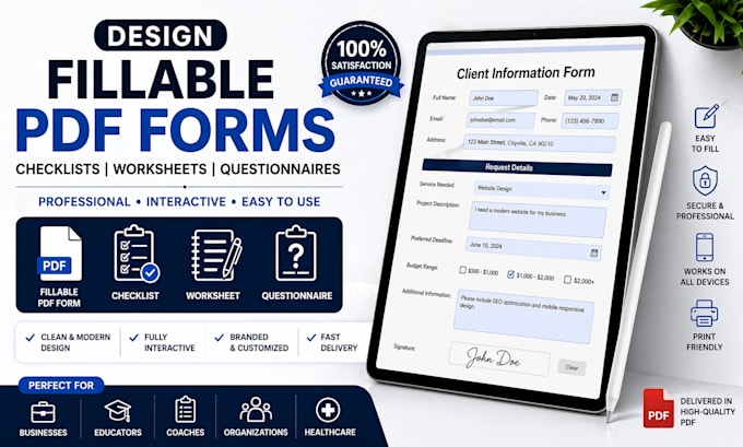 design fillable PDF form, checklist, worksheet, and questionnaire form