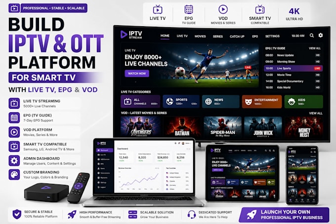 build iptv and ott platform for smart TV with live TV, epg and vod