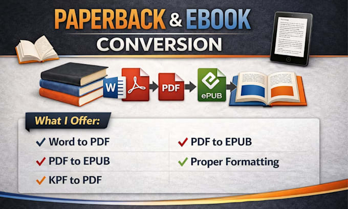 do ebook conversion epub,mobi,kpf,word doc format amazon pdf paperback