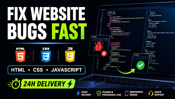 fix HTML CSS javascript bugs and responsive issues fast