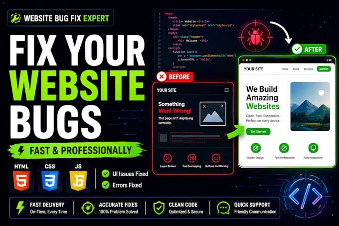fix HTML CSS javascript bugs and website issues fast