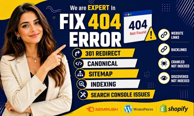 fix 404 error, 301 redirect, canonical, sitemap, indexing, search console issues