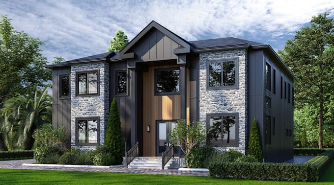 remodel residential property,curb appeal,stone facade house,elevation cgi render