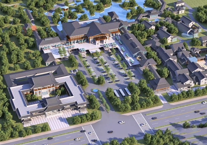 cgi resort complex, community masterplan,commercial estate design,3d parking lot