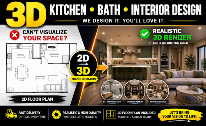 model render 3d kitchen remodel cabinet bath interior design 2d floorplan
