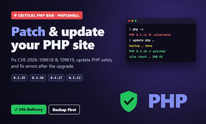 patch php2shell, update your PHP version and fix PHP errors