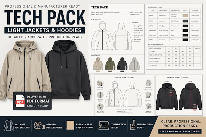 create light jackets and hoodies tech pack for pdf manufacturing