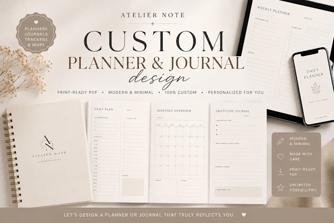 design a modern custom planner, journal or printable PDF