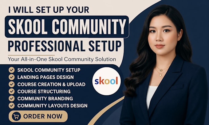 do skool community setup with full branding, course upload and events