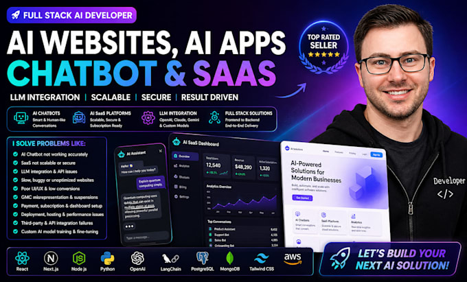 develop ai website, ai app chatbot saas, llm ai software as full stack developer