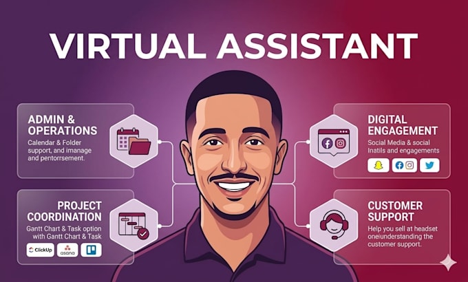 provide virtual assistant for social media content, customer support, marketing