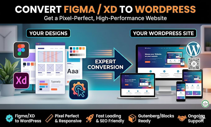 convert adobe xd, figma design to wordpress website