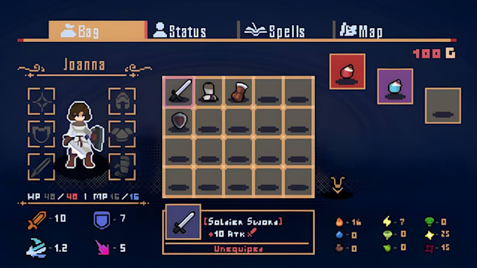 Diseñar assets de ui en pixel art para íconos de juegos, menús, hud