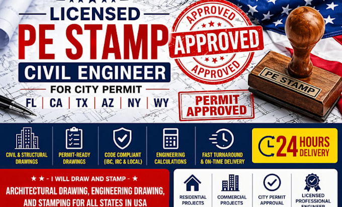 Licensed florida california tx ny ga pe stamp civil engineer structural ...