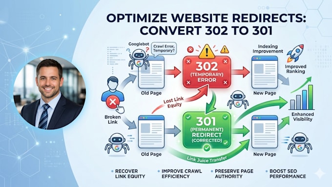 fix 302 redirect issues, optimize 301 redirects, 404 error and broken links