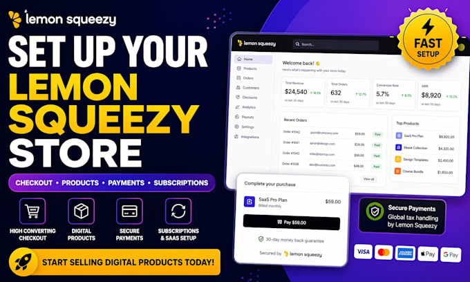 set up lemon squeezy checkout, products, payment system for saas digital sales