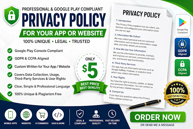 create professional privacy policy for app , website gdpr compliant
