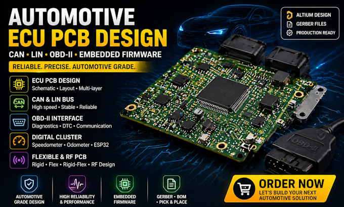 design automotive ecu pcb, can lin obd, digital cluster and firmware ecu at90can