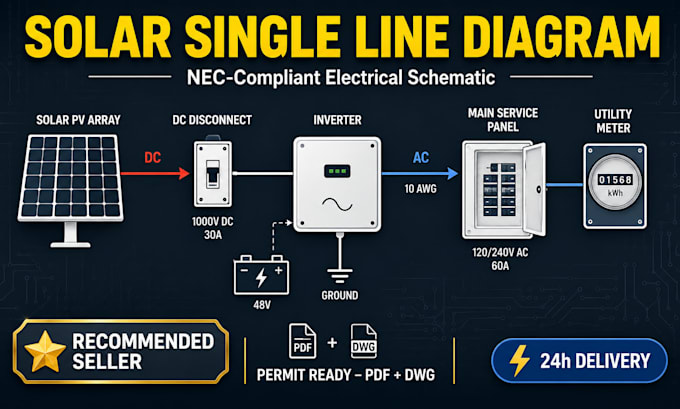 solar single line diagram, pv, inverter, battery, meter