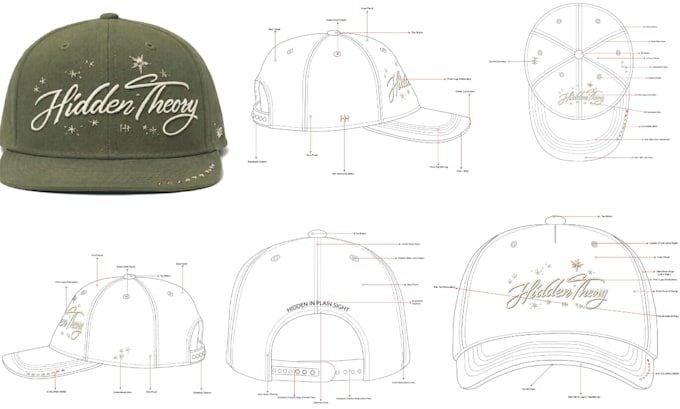 design front, side and back cap hat techpack and mockup
